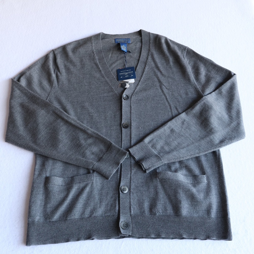 NWT Joseph & Lyman Merino Wool Cardigan Sweater Mens Large Gray Preppy
